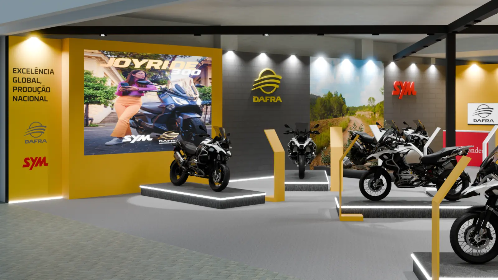 Projeto cenográfico Dafra e SYM com motocicletas e painel de paisagem