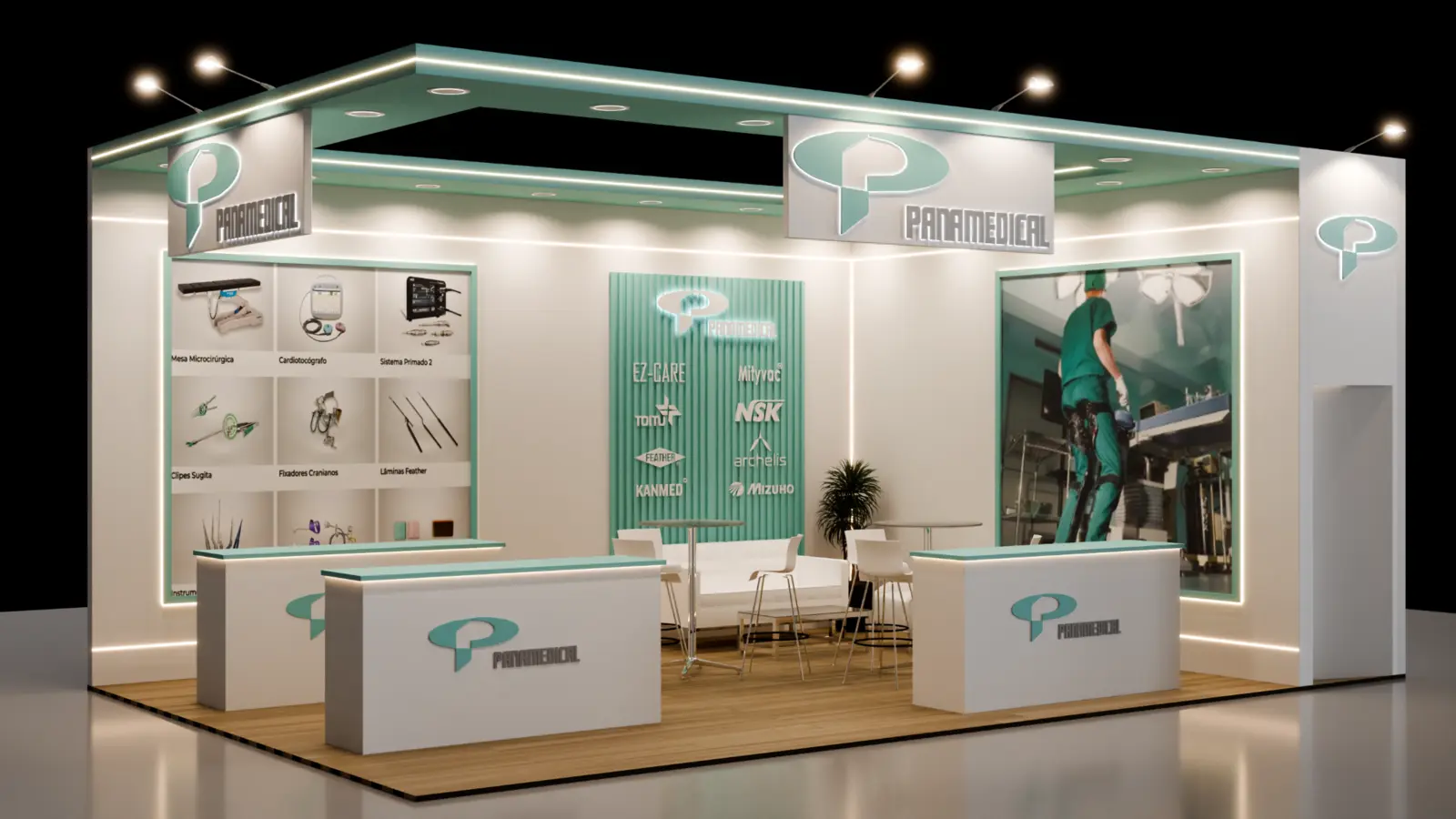 Projeto de estande Panamedical em branco e verde com balcões e vitrines